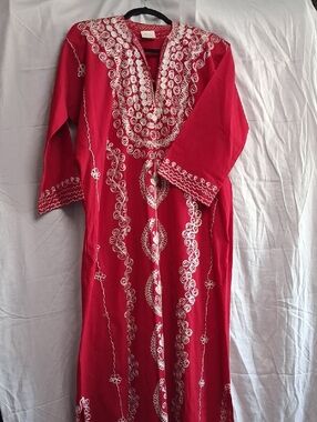 Hand Crafted Red Maxi Dress with White Embroidery